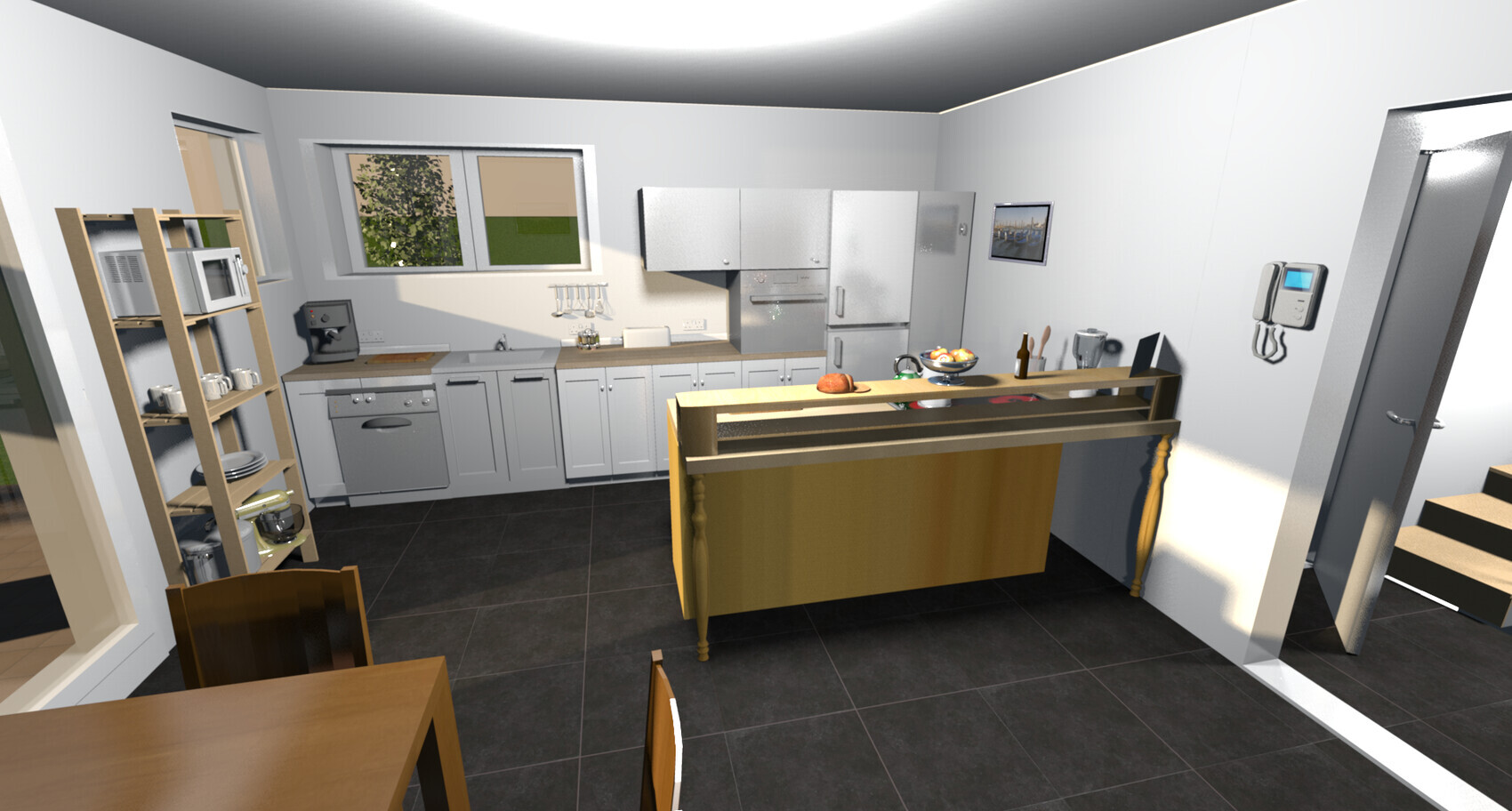 Modern kitchen with island, white cabinets, oven, fridge and shelf with appliances.