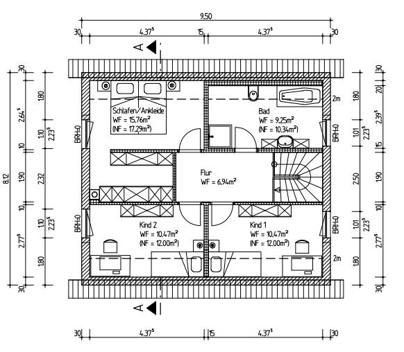 Floor plan of a house upper floor: hallway, bedroom with walk-in closet, bathroom, and two children’s rooms