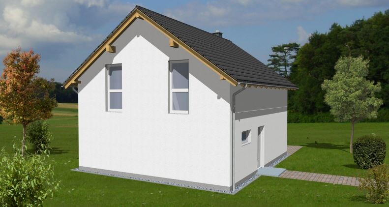 Small white single-family house with dark gable roof, two windows, side path and garden