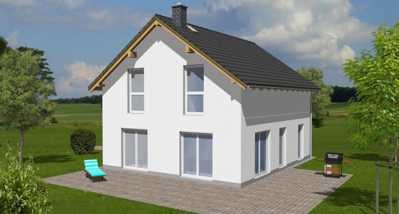 White two-storey house with grey roof, terrace, garden and barbecue area