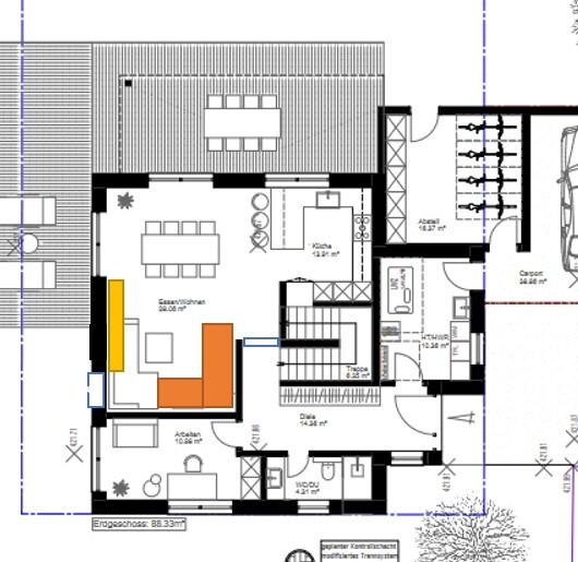 Ground floor plan: Living and dining area, kitchen, study, hallway, and terrace.