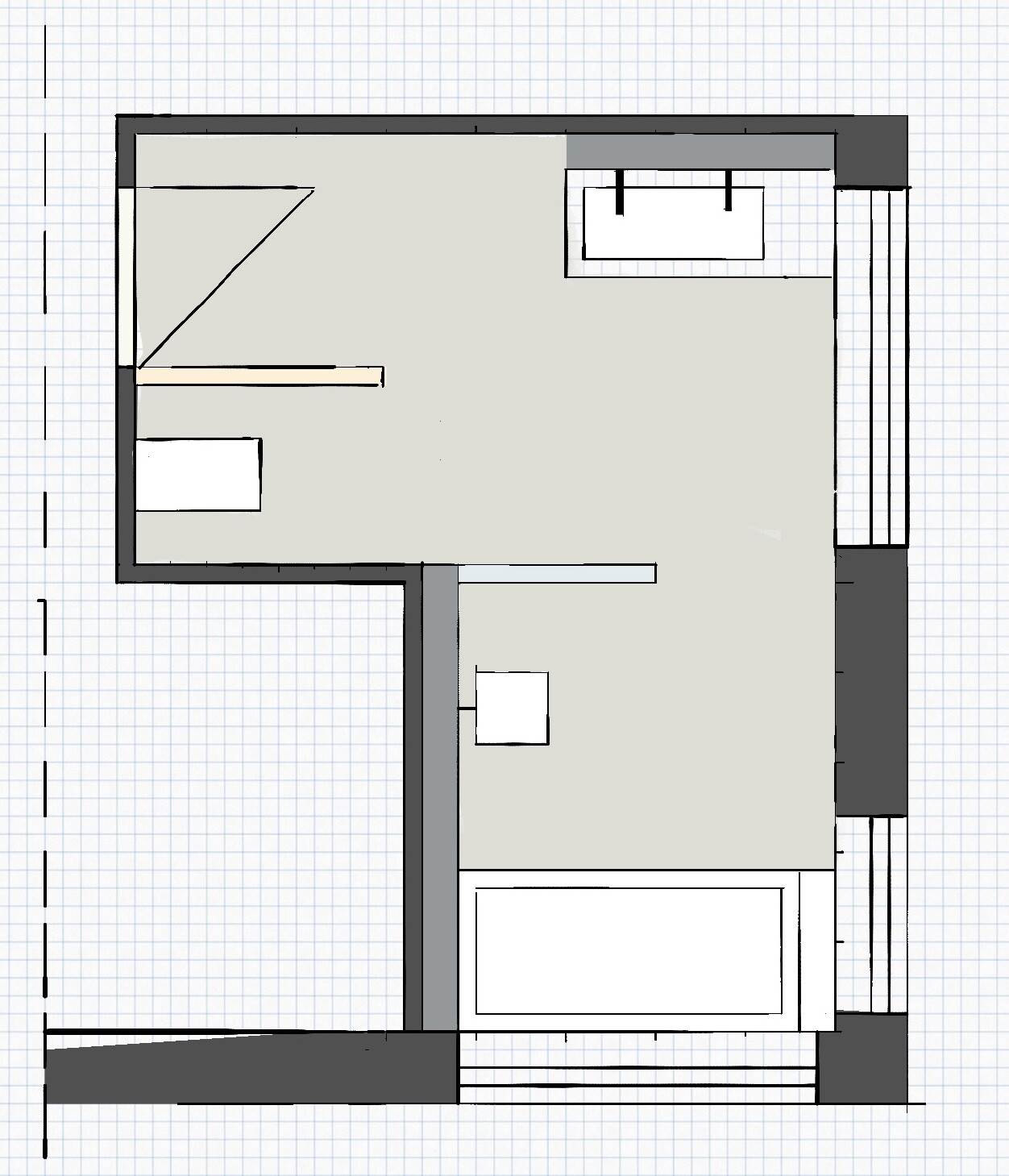 Top view of a floor plan: room with kitchenette, bed, table, and doors.