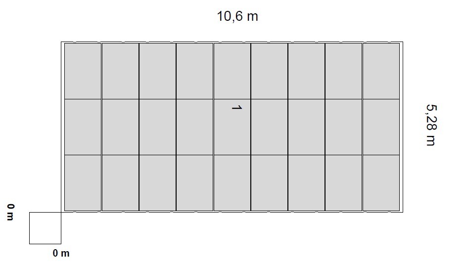 Floor plan of a 10.6 m × 5.28 m rectangle with a grid; cell 1 highlighted.
