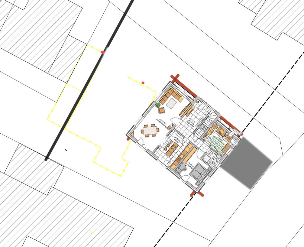 Floor plan of a house on a site plan with a yellow path around the building