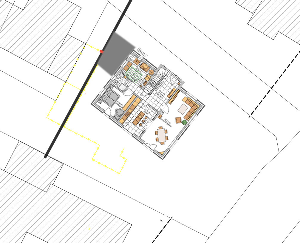 Floor plan of a house with interior rooms; yellow marked path around the property