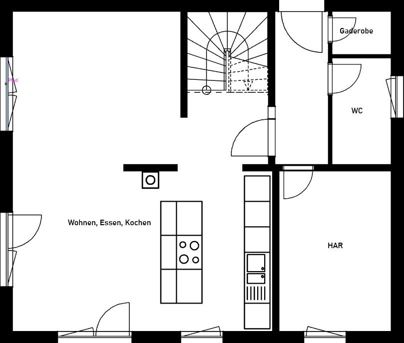 Grundriss eines offenen Wohn-/Ess-/Kochbereichs mit Treppe, WC, Garderobe und Hauswirtschaftsraum.
