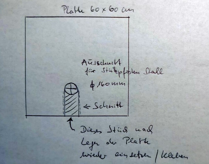 Sketch of a 60x60 cm tile with a steel Ø160 mm (6.3 inches) support post cutout and cutting marks.