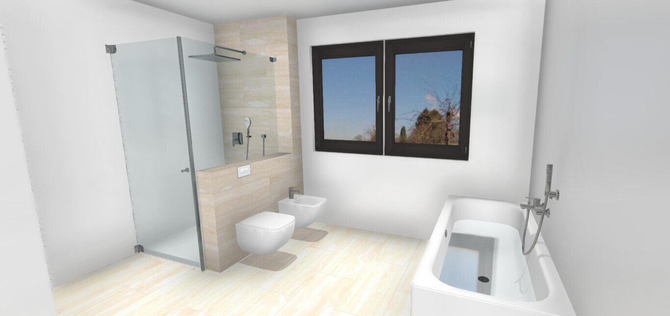 Modern bathroom with glass shower, toilet, bidet, bathtub, and window
