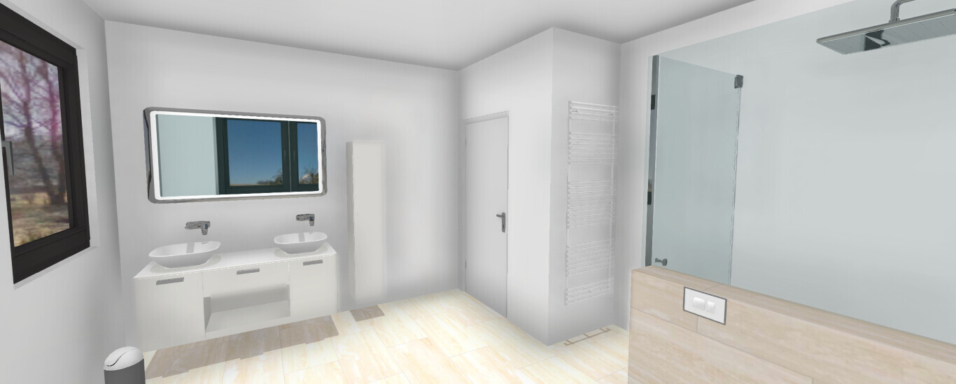 Bright bathroom with double sink, mirror, window, and shower.