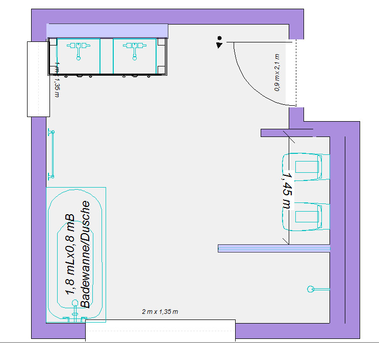 2D bathroom floor plan with bathtub, shower, door, and sanitary fixtures