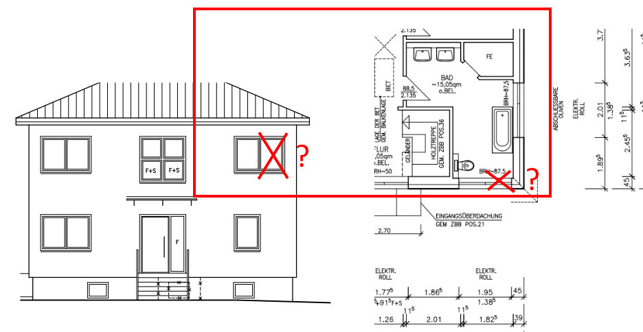 Exterior view of a house next to floor plan with bathroom and stairs.
