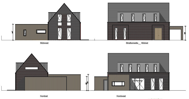 Four elevations of a house with roof, windows and entrance, views southwest, southeast, northeast, northwest