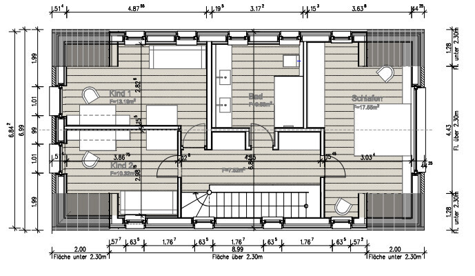 Attic floor plan: 2 children’s bedrooms left, master bedroom right, bathroom center, staircase in the middle.