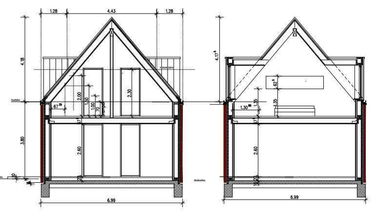 Architectural drawing: house sections with roof structure, interior layout and dimensions.
