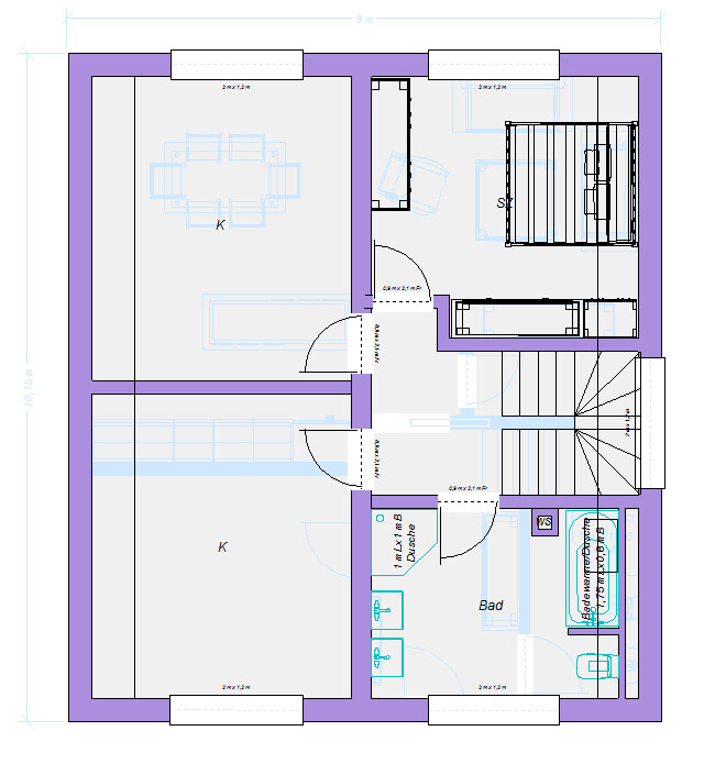 Grundriss einer Etage eines Hauses: zwei Küchen (K), Bad, Dusche, Treppenhaus, Flure und Türen.