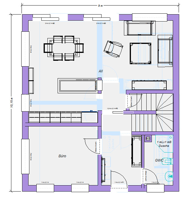 Grundriss eines Büro- und Wohnbereichs mit Esstisch, Sofa, Arbeitsbereich, Treppe und Dusche.