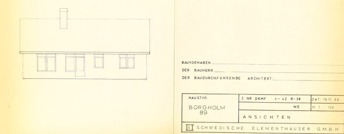 Front view of a simple house with chimney; building form on the right