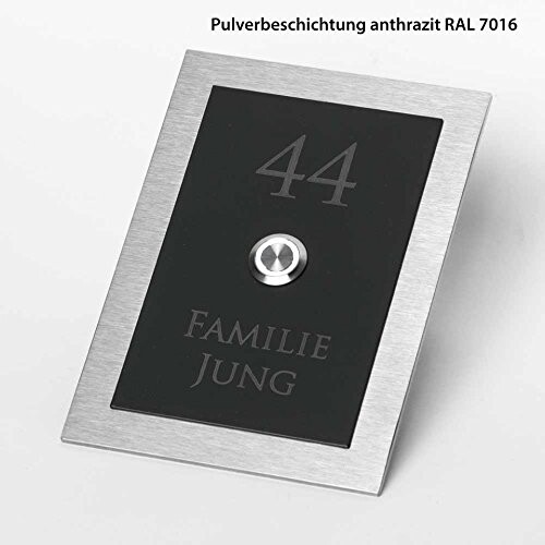 Stainless steel frame with dark house number 44, anthracite powder-coated, wall-mounted.