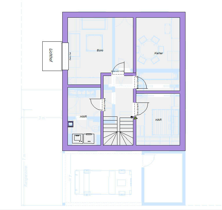 Floor plan of an upper floor with office, basement and utility room as well as staircase