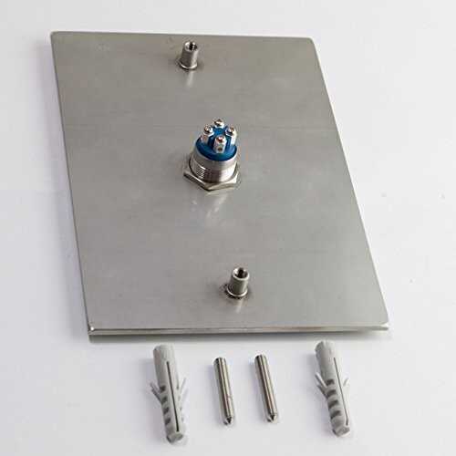Metal plate with blue round connector and mounting screws