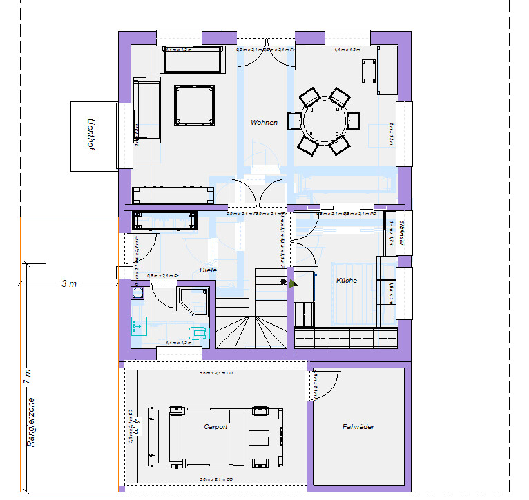 Floor plan of a house from above: living room, kitchen, hallway, carport, bicycles, staircase.