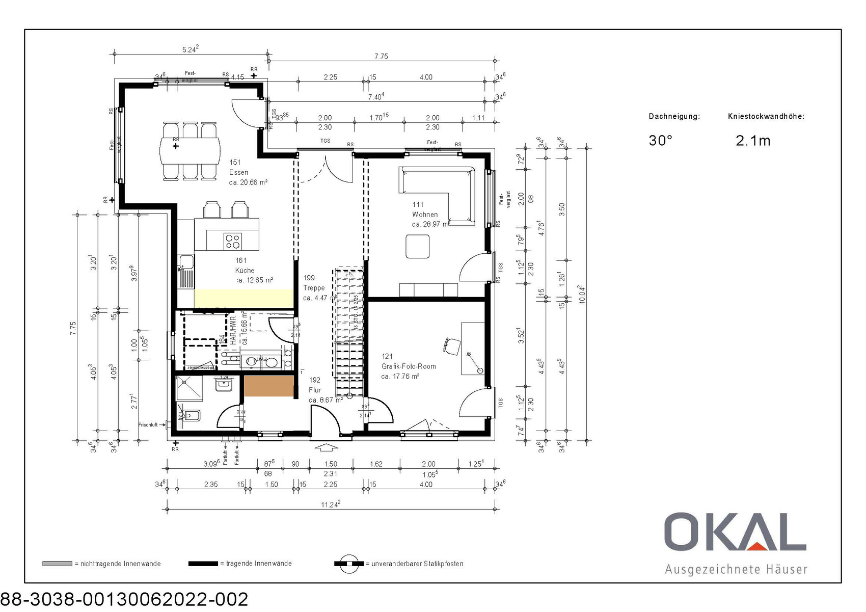 Floor plan of a single-family house with kitchen, dining, living area, hallway, and staircase.