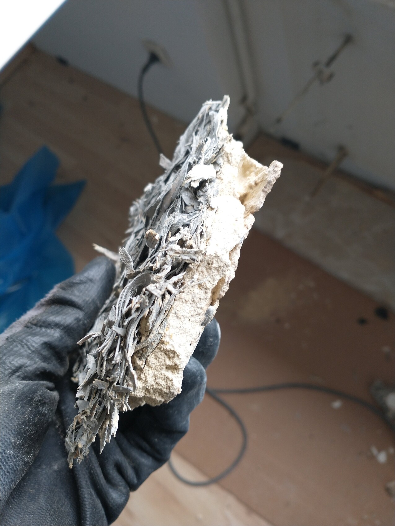 Hand mit schwarzer Schutzhandschuh hält Holzwolle-Dämmplatte aus Zement