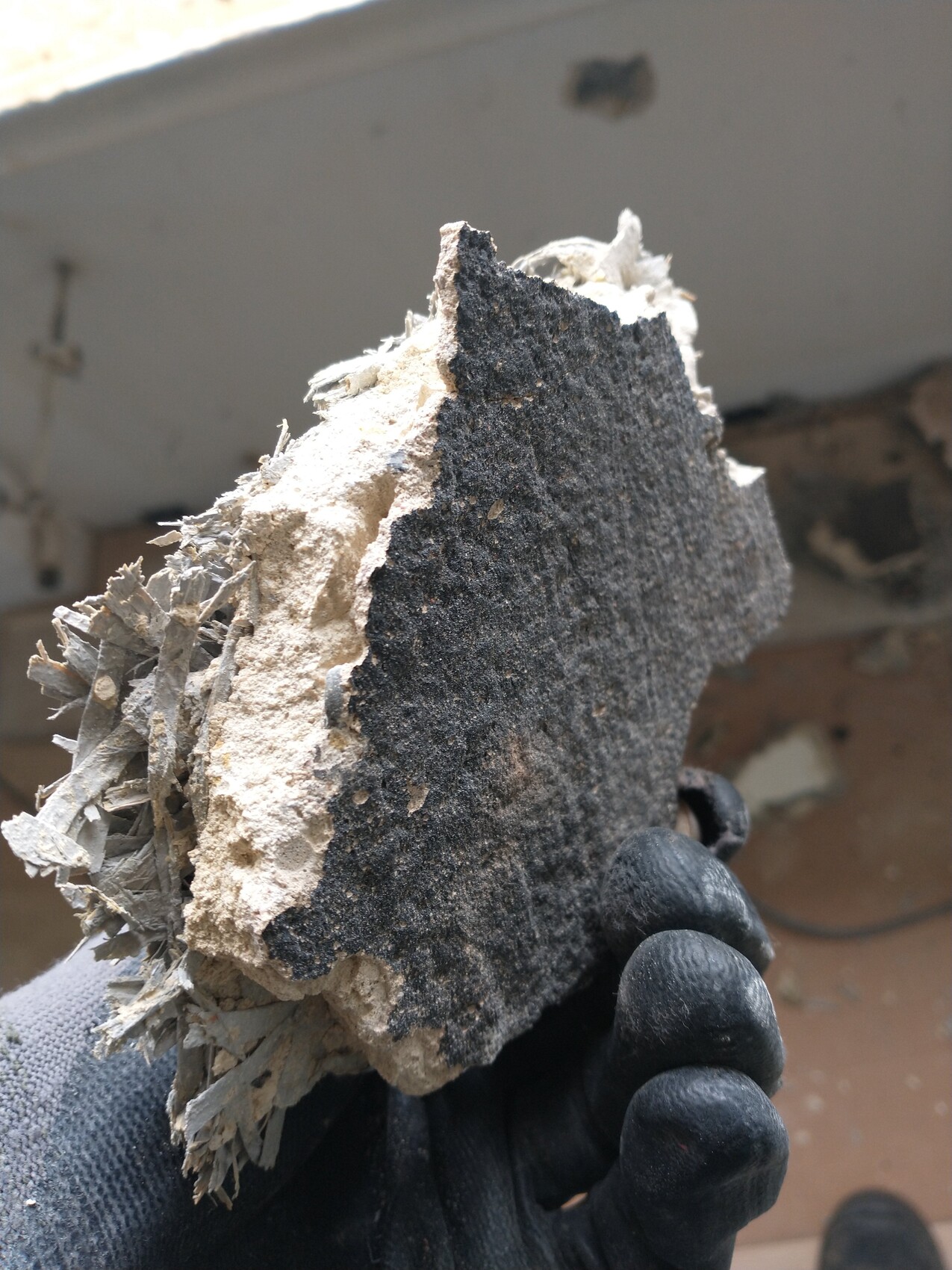 Hand mit schwarzem Handschuh hält brüchiges Bauelement mit schwarzer Innenfläche und Fasern