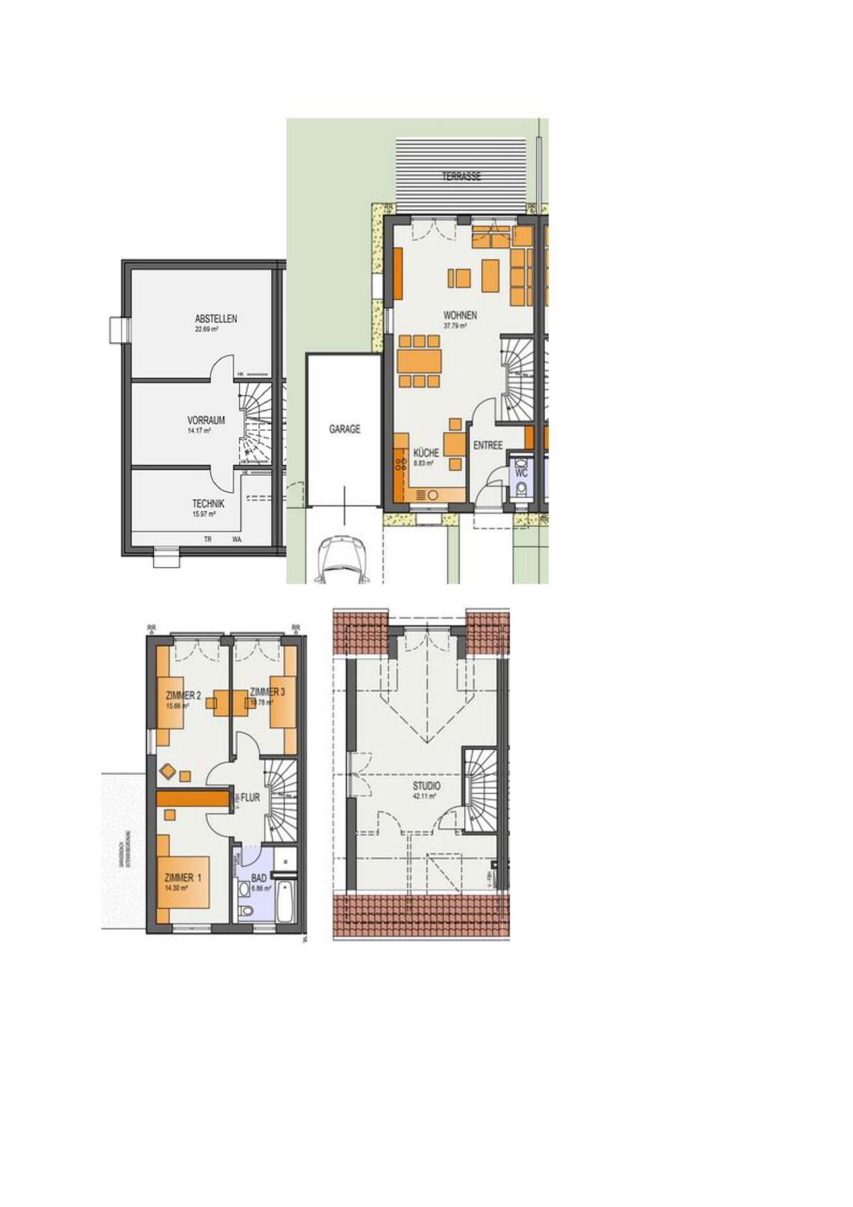 Mehrgeschossiger Hausgrundriss: Wohnen/Küche/Terrasse, Garage; Zimmer, Bad, Studio.