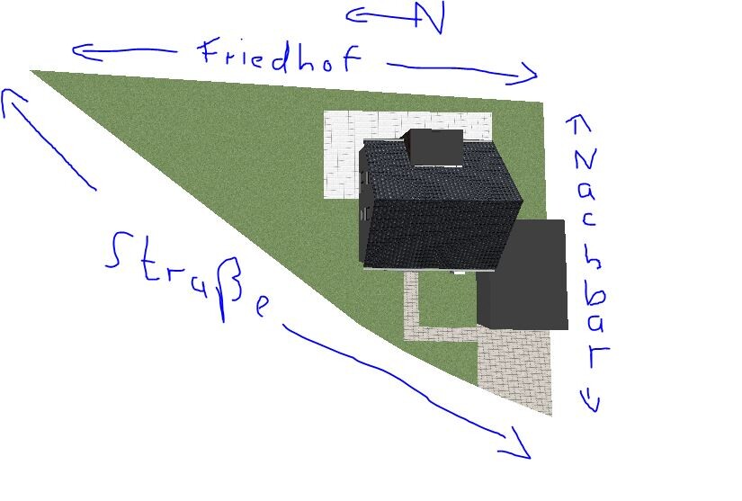 Bird's-eye view: house on a triangular plot with garden; street on the left, cemetery above, neighboring house.