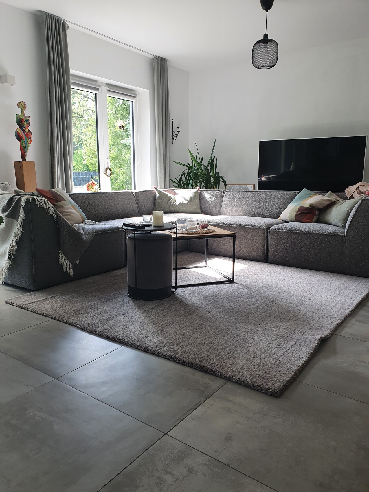 Spacious living room with gray sectional sofa, rug, plants, and flat-screen TV