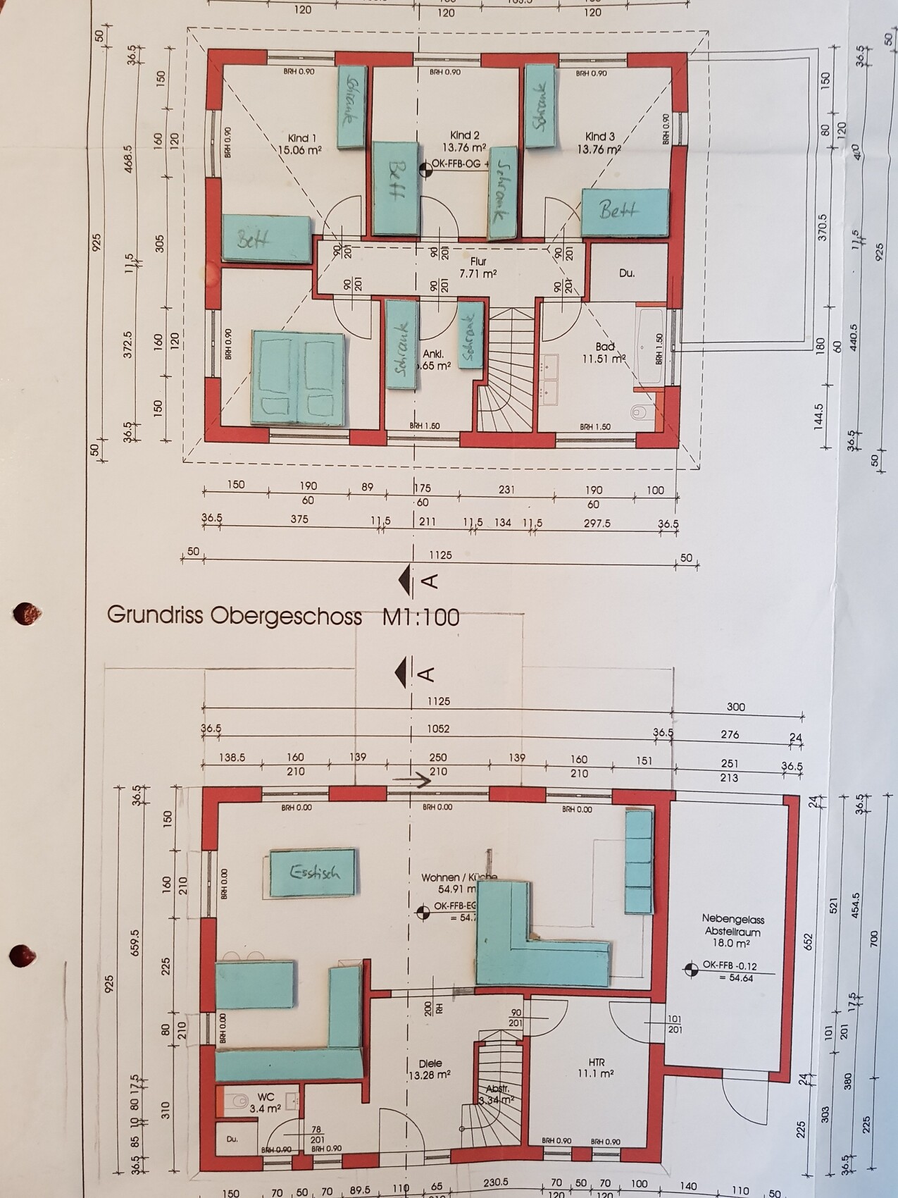 Upper floor layout of a house with rooms, hallways, and stairs