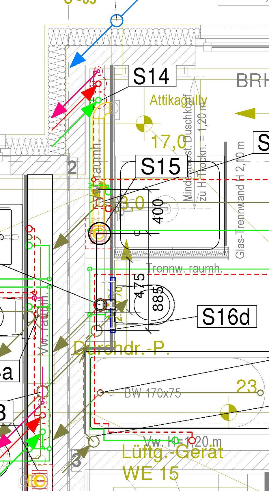 Plan detail with S14/S15, colored arrows, ventilation unit and component labels.