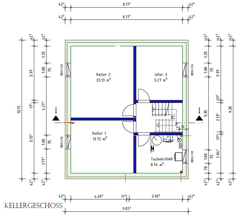 Basement floor: Floor plan with basement rooms 1, 2, 3, technical/utility room, stairs, doors