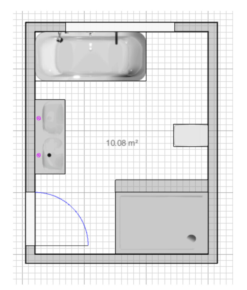 Badezimmer-Grundriss: Badewanne oben links, Doppelwaschbecken links, Türbogen unten links, 10,08 m²