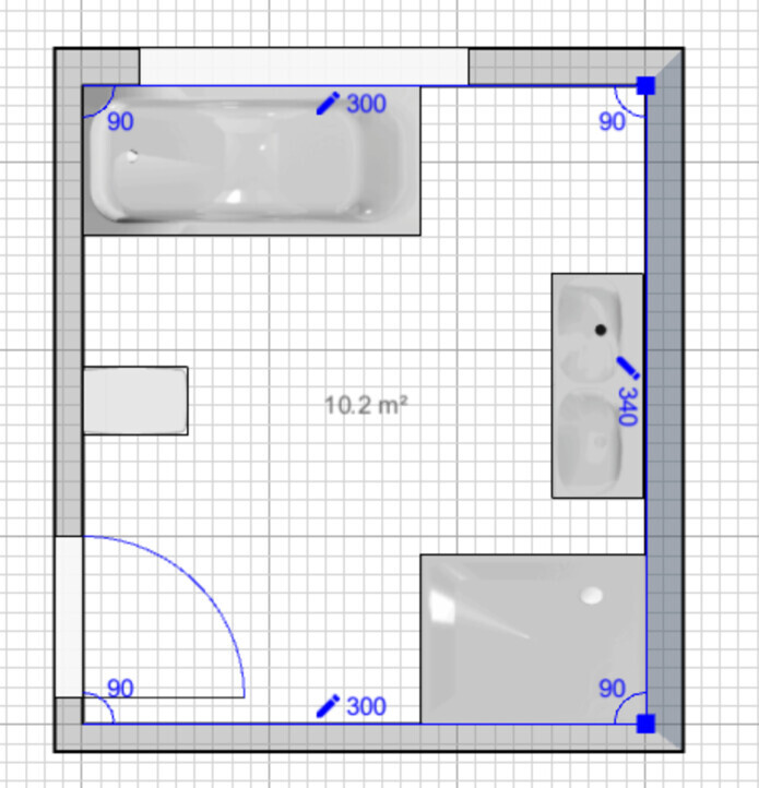 Grundriss eines Badezimmers (10,2 m²): Badewanne links, Doppelwaschtisch rechts, Türöffnung.