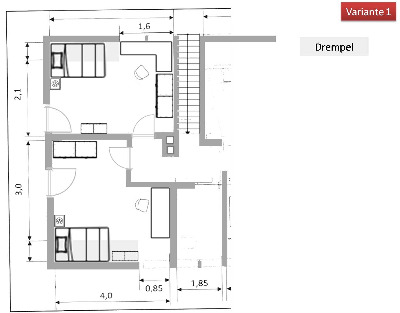 Grundriss eines Wohnraums mit Möbeln, Treppe und Maßen (Variante 1)