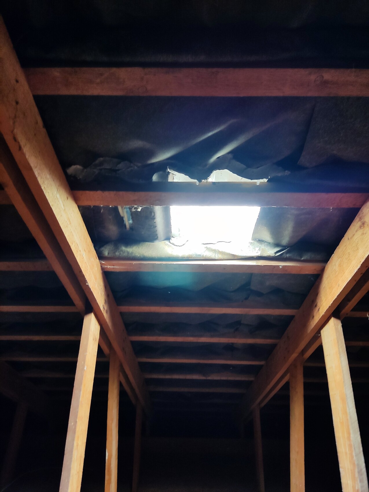 Attic with wooden beams, insulation and a ceiling opening letting light in.