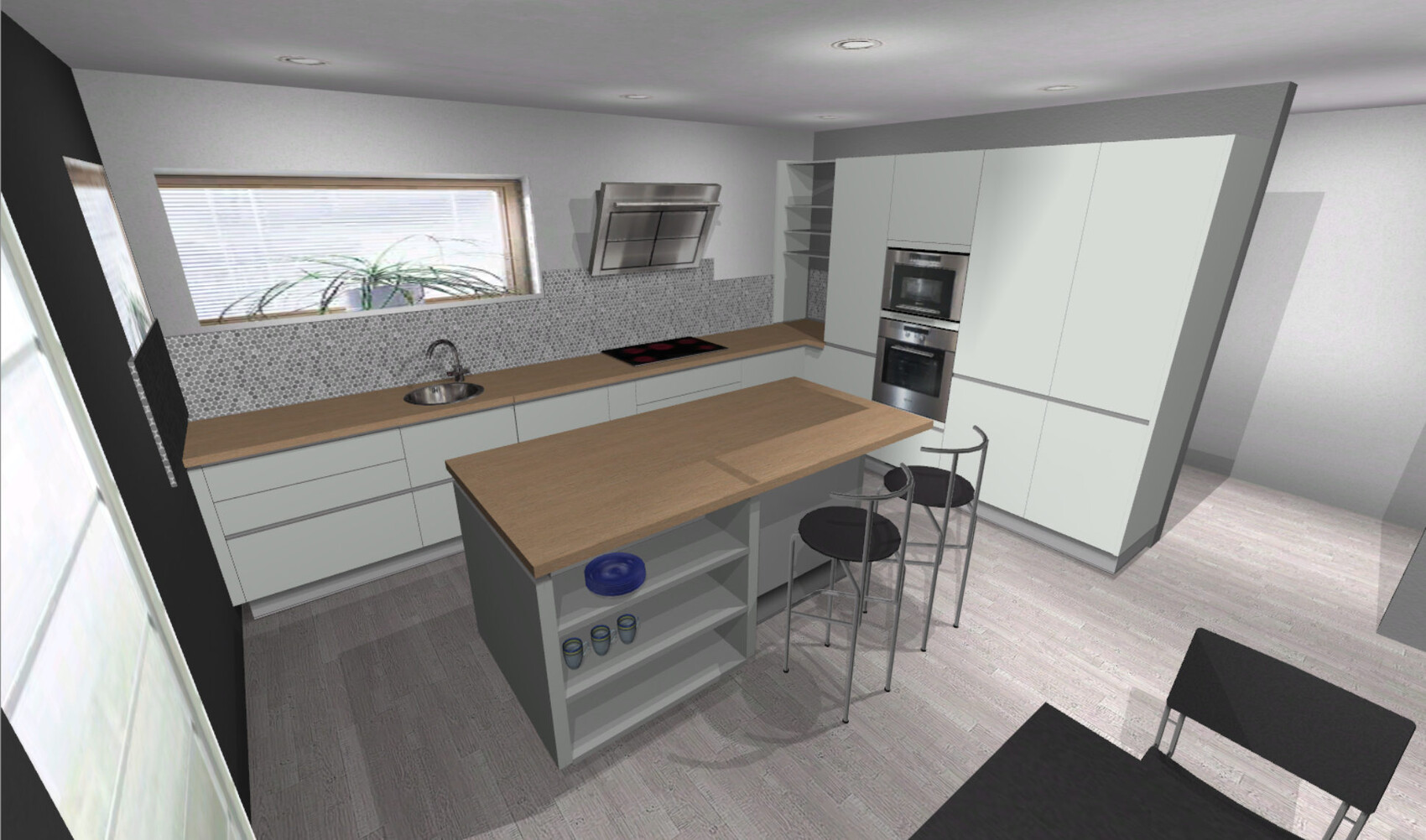 Modern kitchen with island, sink, cooktop, ovens, and bar stools.