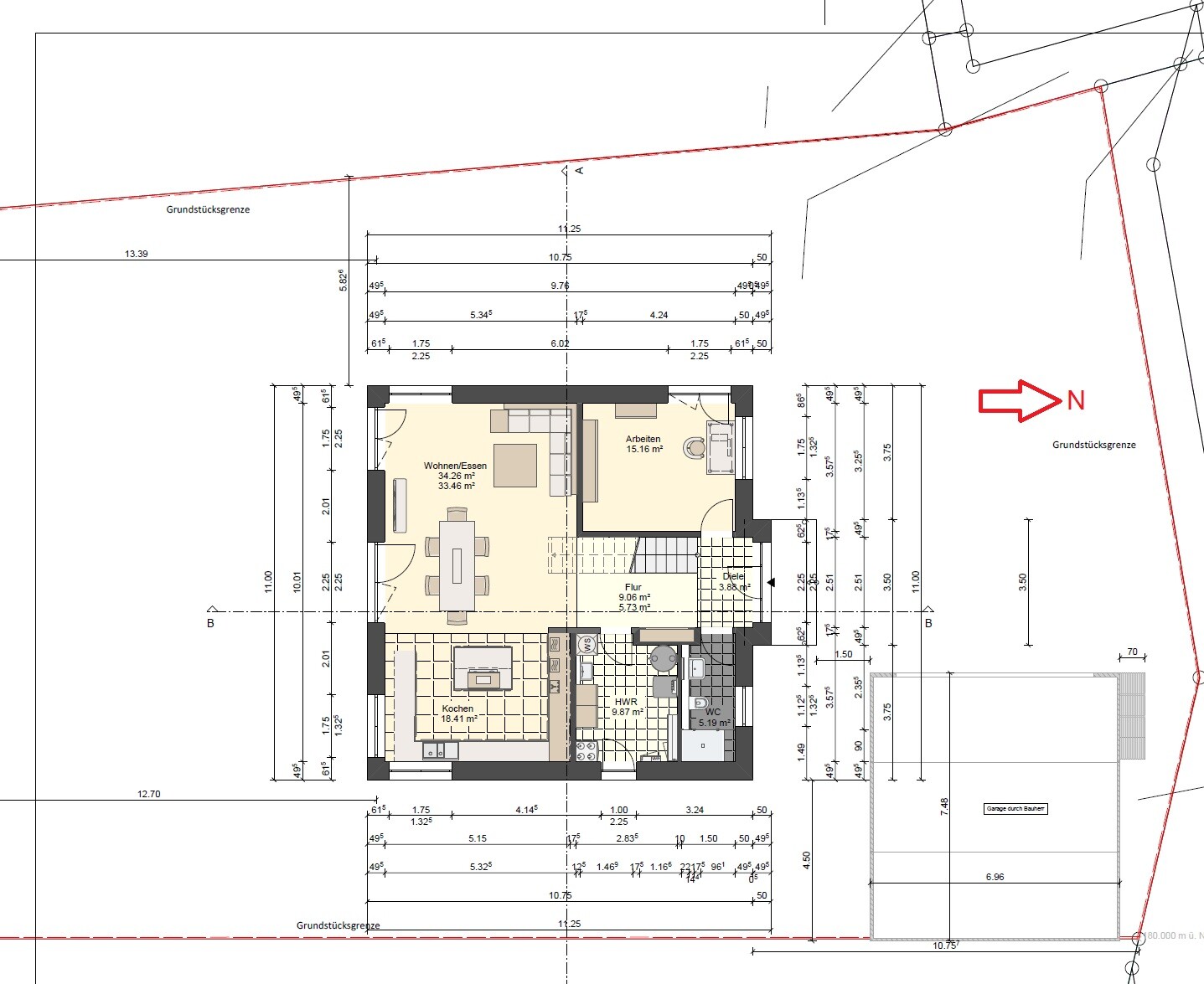 Floor plan of a house: kitchen, living/dining, office, hallway, utility room, WC; north arrow.