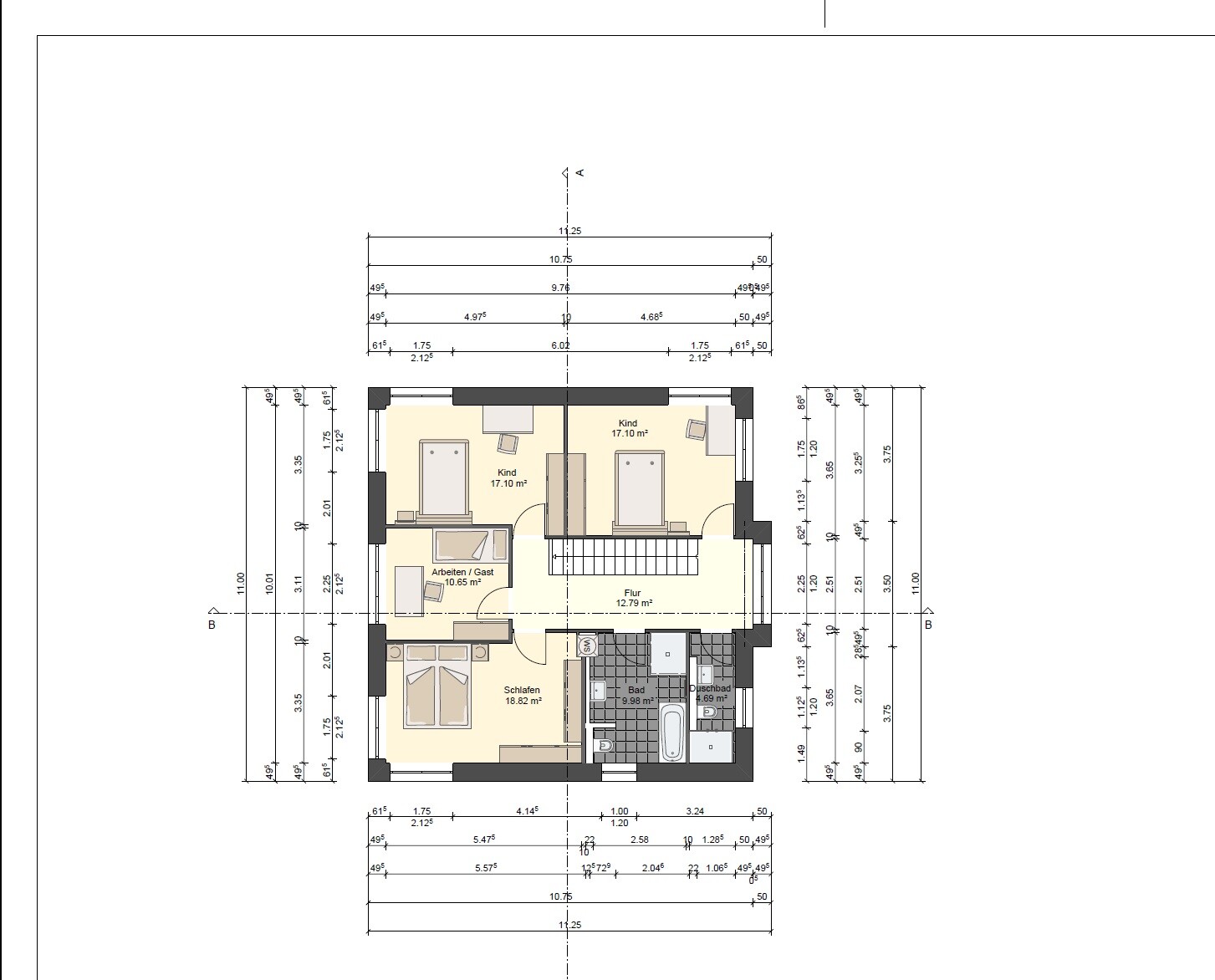 Floor plan of a house: hallway, stairs, bedroom, two children’s rooms, office, bathroom.
