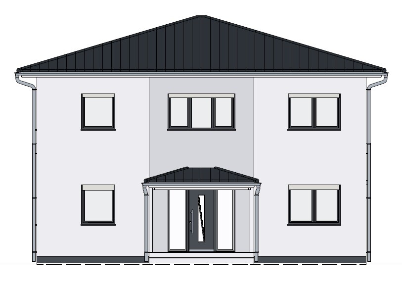 Two-story residential house with gray facade, dark pitched roof, and central glass door.