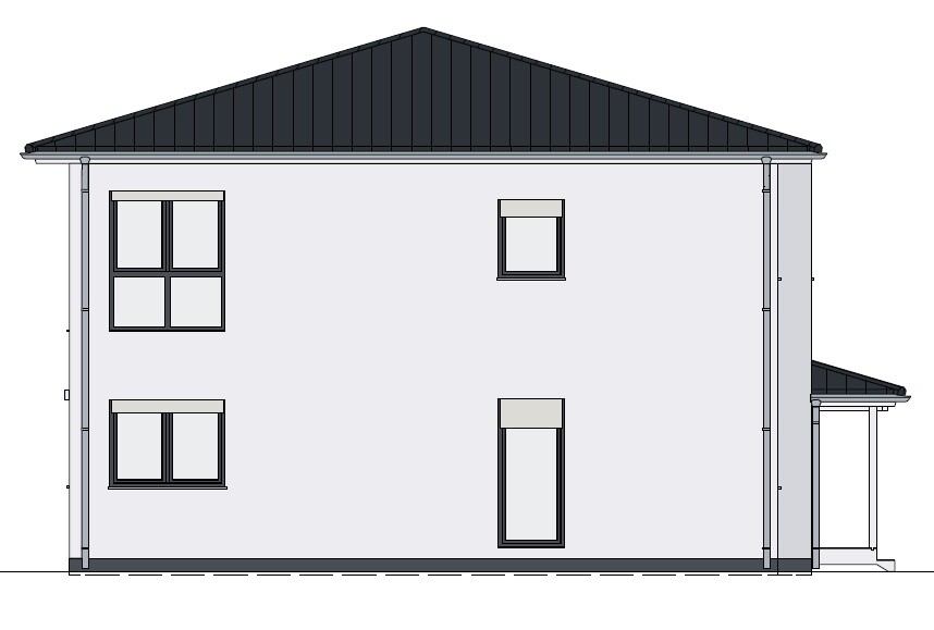Two-story house with gray facade, dark roof, and several windows.