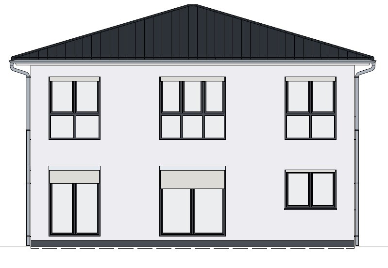 Two-story house with gray facade, dark roof, and central glass door on the ground floor.