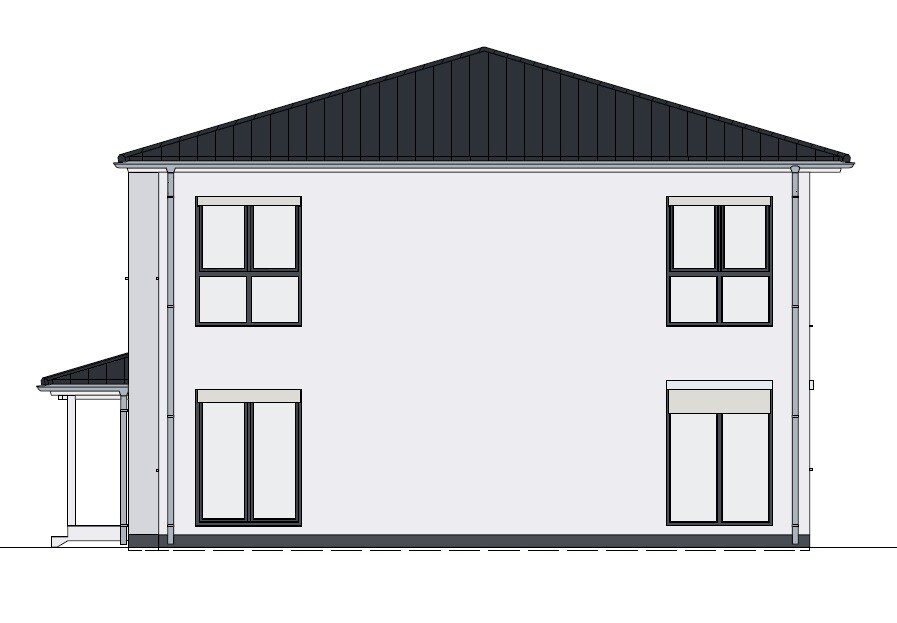 Two-story house with dark pitched roof, light gray facade, and multiple windows.