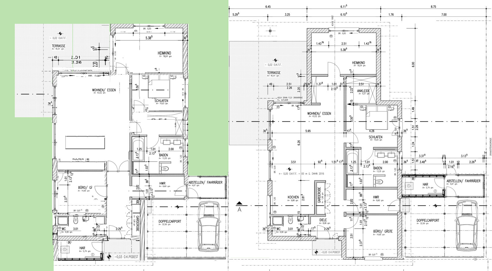 Two floor plans of a semi-detached house with terrace and garage