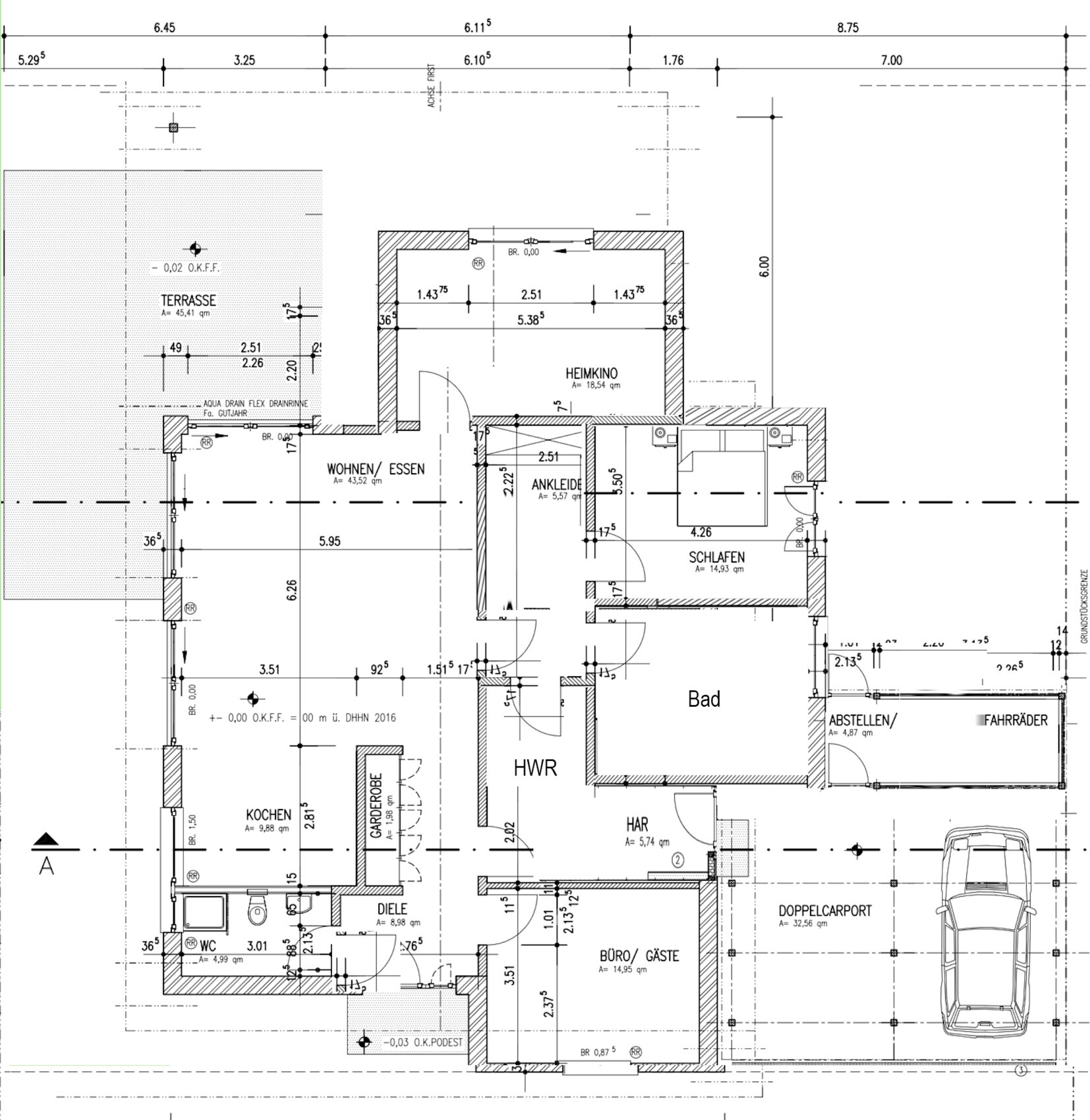 Floor plan of a house: living/dining, kitchen, bathroom, bedroom, walk-in closet, utility room, terrace, double carport.