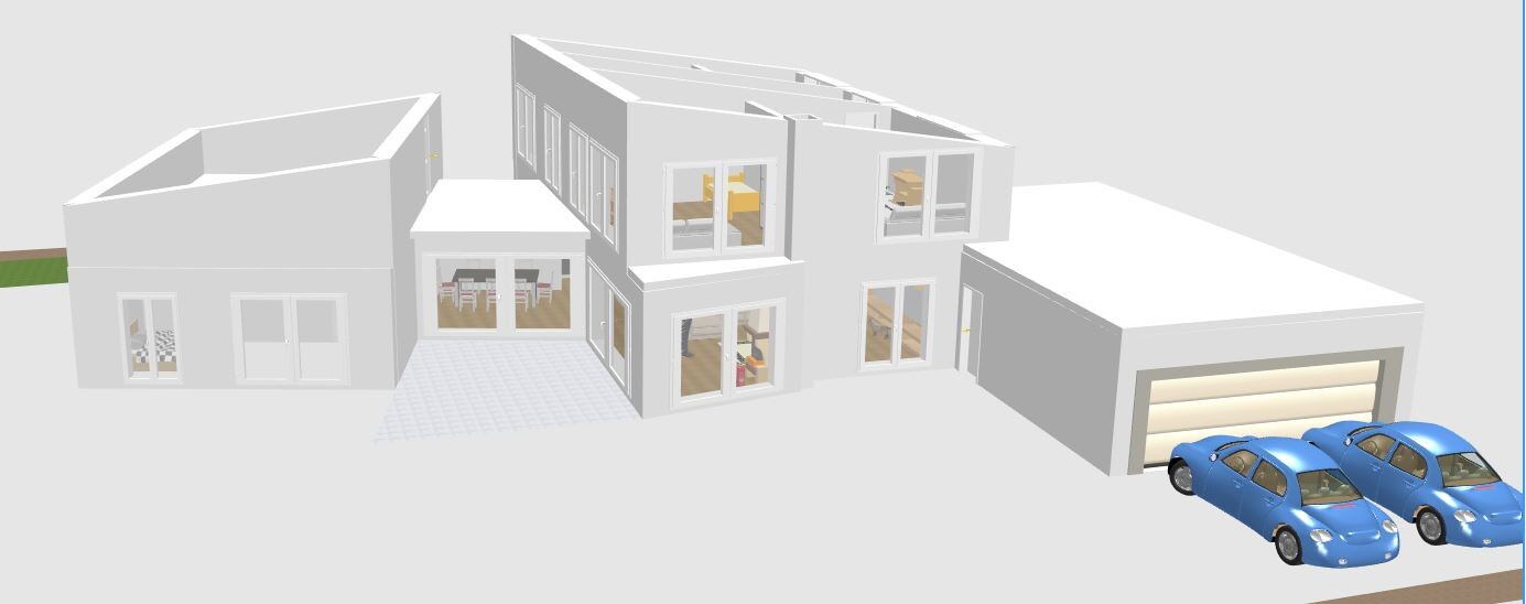 Moderne 3D-Hausansicht mit Garage und zwei blauen Autos
