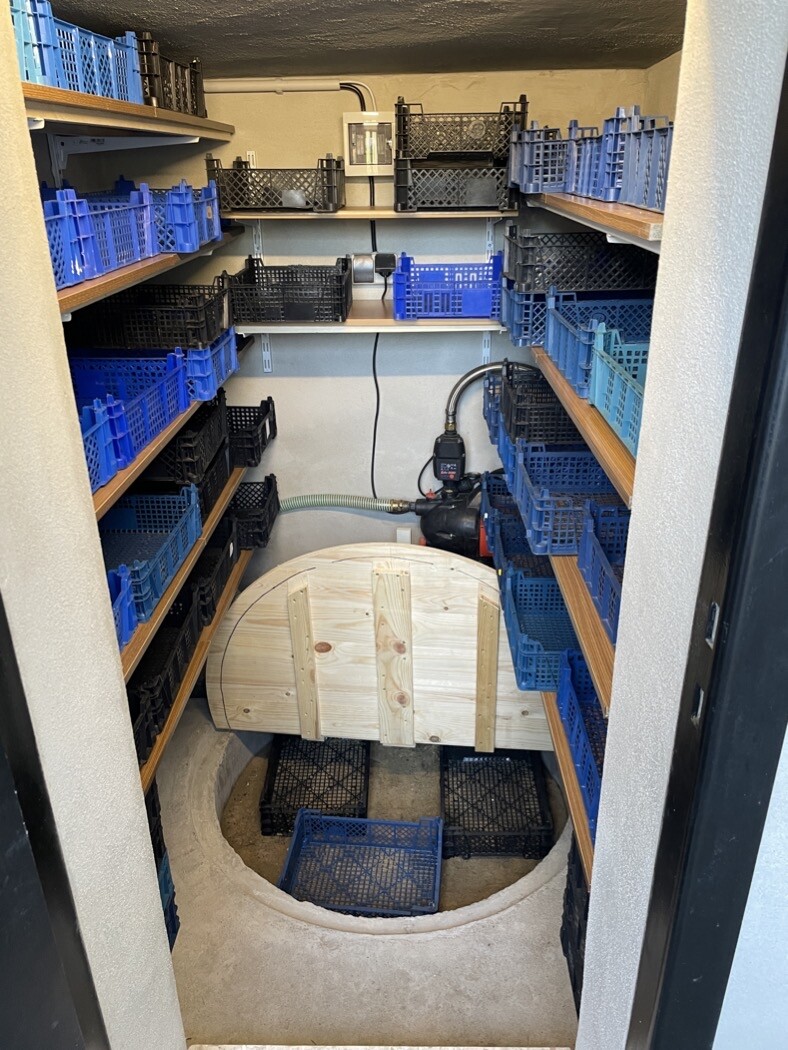 Cellar shelf with blue/black plastic containers, floor access opening and pump/hose system