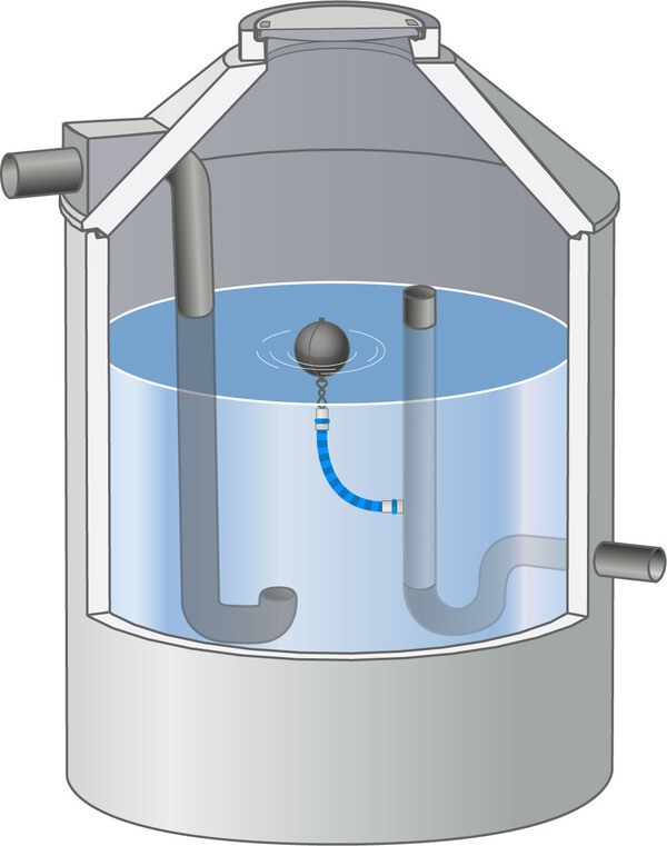Schematic illustration of a water tank with pipes and ball valve